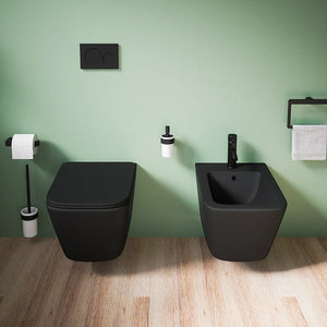 Coppia sanitari in ceramica sospesi vaso rimless, bidet e copri-wc nero opaco | Kyoto