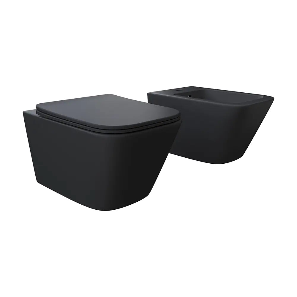 Coppia sanitari in ceramica sospesi vaso rimless, bidet e copri-wc nero opaco | Kyoto