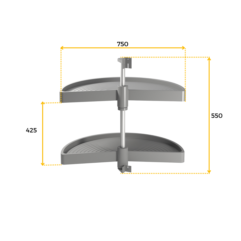 Coppia di cestelli girevoli Shelvo semicircolare, 900, Plastica grigia, Tecnoplastica e Alluminio.
