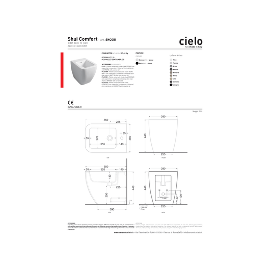 Coppia Di Sanitari Ceramica Cielo Da Terra Filo Muro Senza Brida Bianco Lucido "Shui Comfort"
