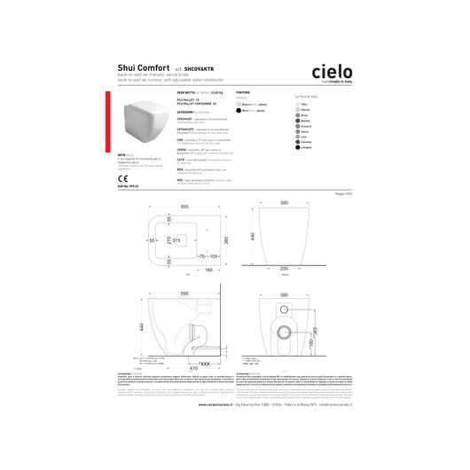 Coppia Di Sanitari Ceramica Cielo Da Terra Filo Muro Senza Brida Bianco Lucido "Shui Comfort"