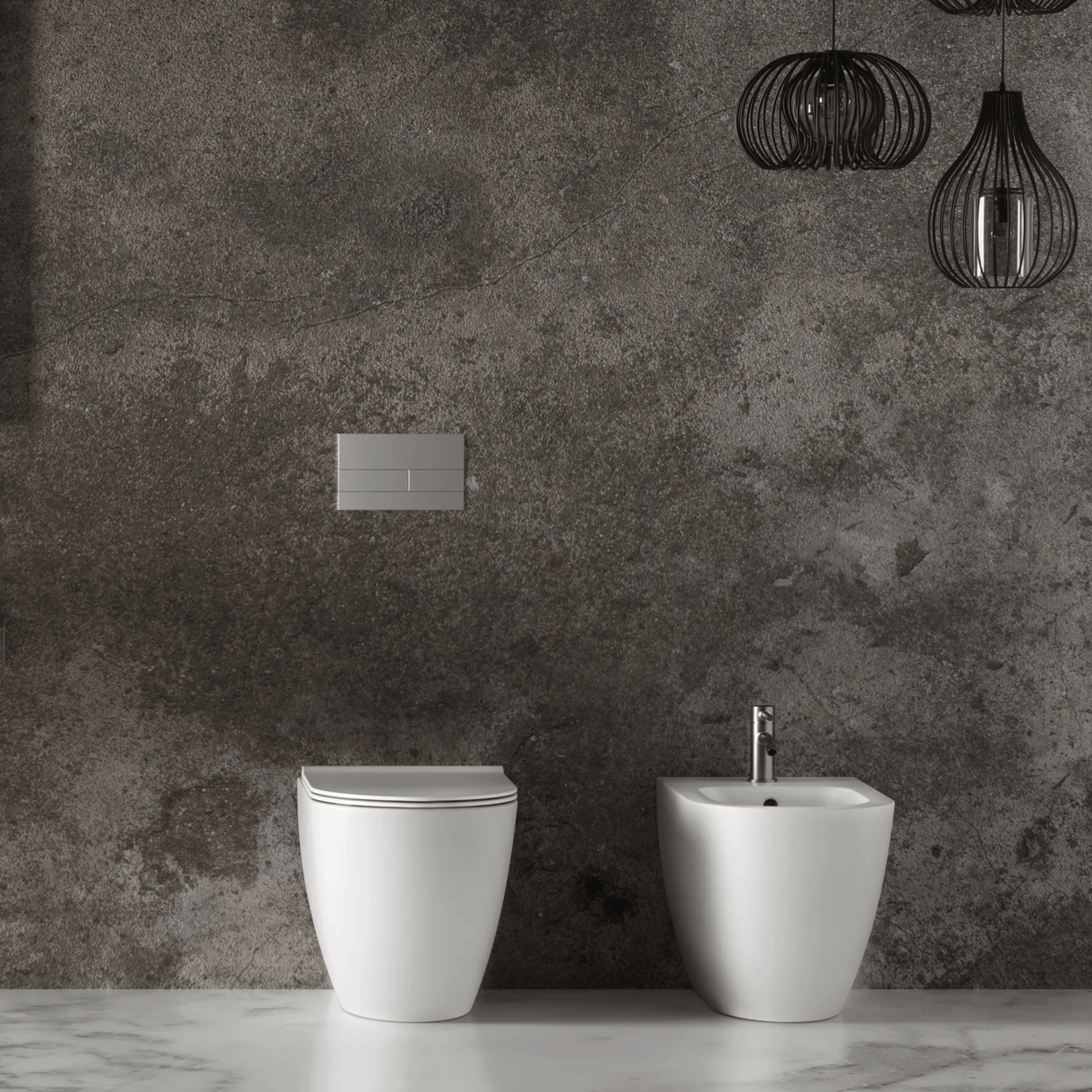 Coppia Di Sanitari Alice Ceramica Da Terra Filo Muro Senza Brida Bianco Lucido "Form"