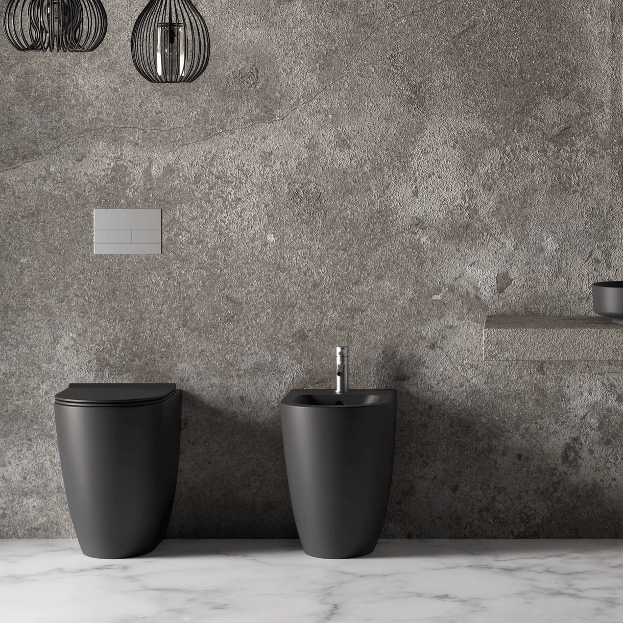 Coppia Di Sanitari Alice Ceramica Da Terra Filo Muro Senza Brida Nero Opaco "Form"