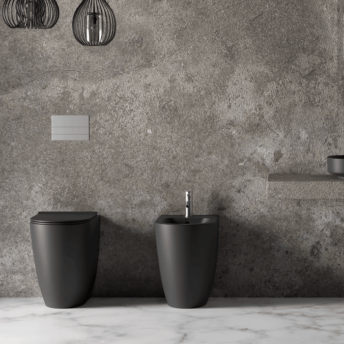 Coppia Di Sanitari Alice Ceramica Da Terra Filo Muro Senza Brida Nero Opaco "Form"