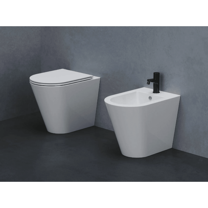 Coppia Di Sanitari Azzurra Ceramica Da Terra Filo Muro Senza Brida Bianco Lucido "Forma"