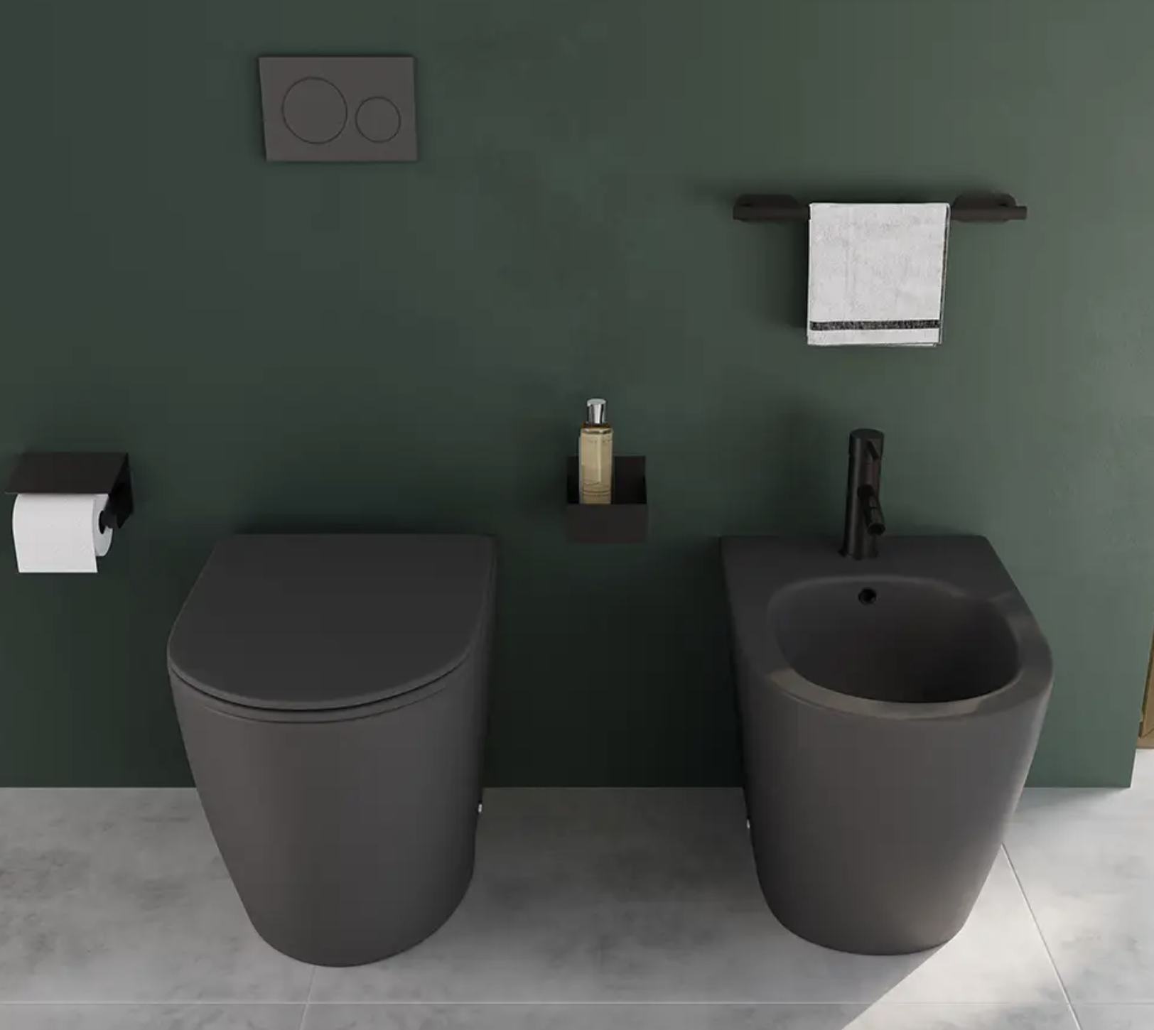 Coppia di sanitari filomuro ceramica grigio opaco vaso rimless copriwc soft-close e bidet ASIA SMALL Regos