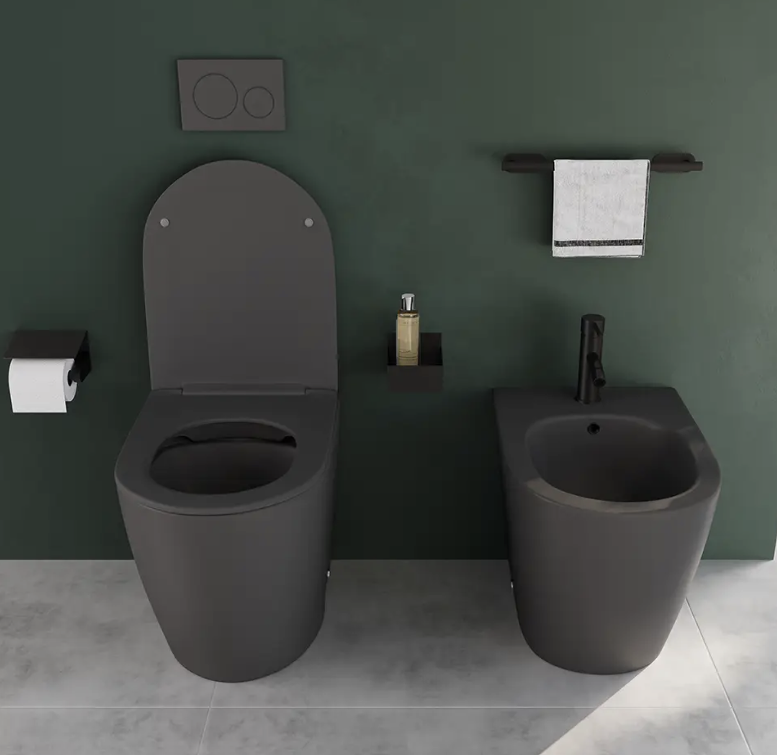 Coppia di sanitari filomuro ceramica grigio opaco vaso rimless copriwc soft-close e bidet ASIA SMALL Regos
