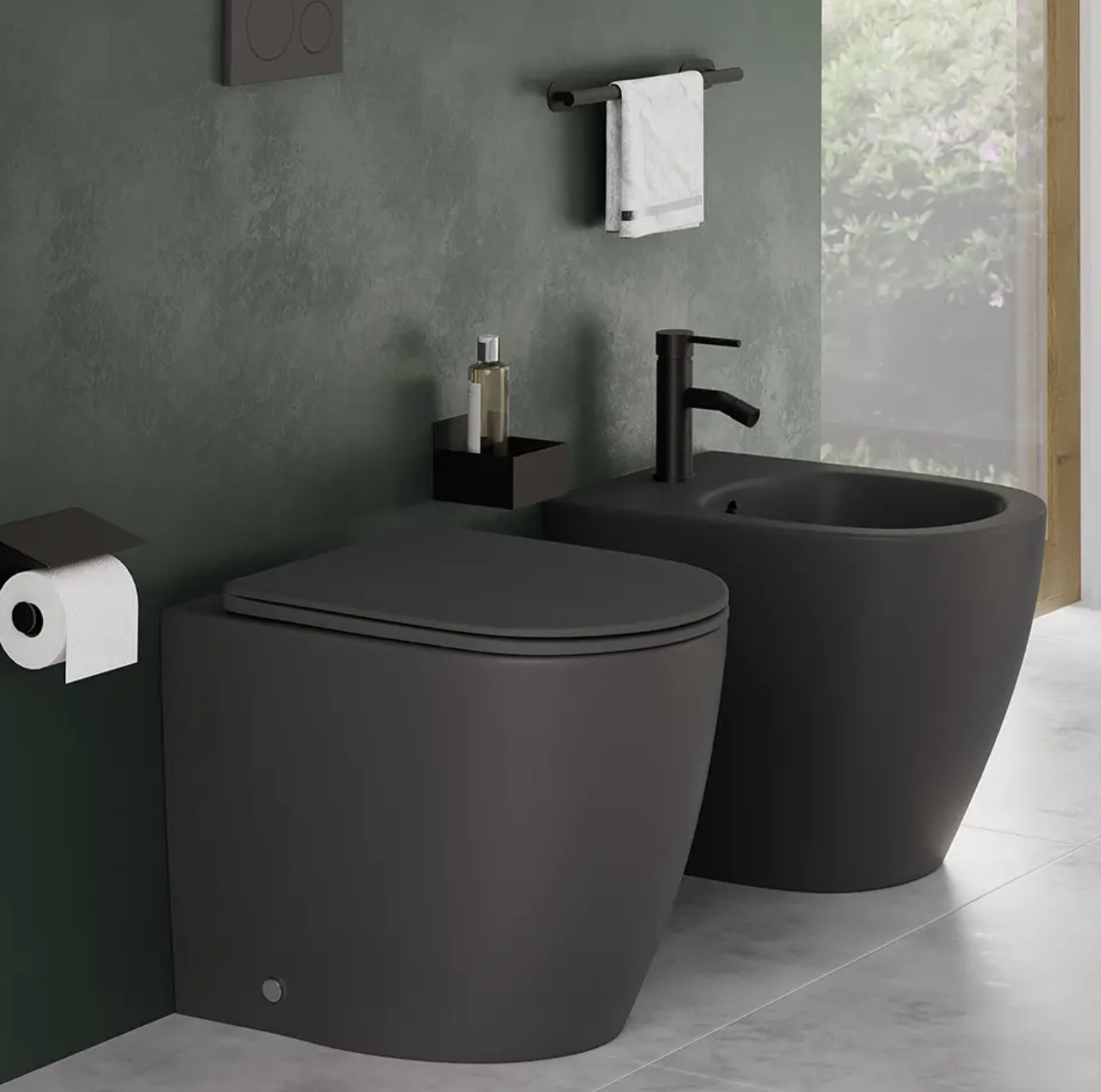 Coppia di sanitari filomuro ceramica grigio opaco vaso rimless copriwc soft-close e bidet ASIA SMALL Regos
