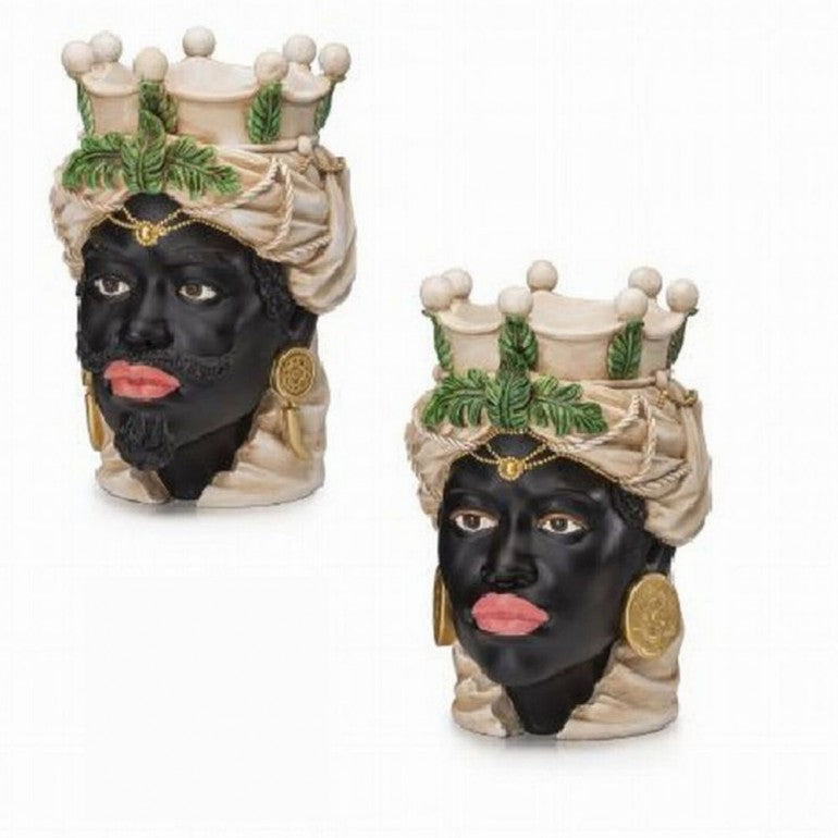 Coppia di Vasi Teste di Moro in Resina, altezza 28 cm