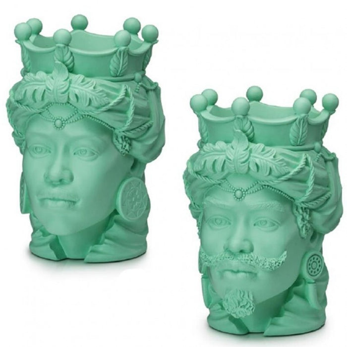 Coppia di Vasi Teste di Moro in Resina colore Menta, altezza 28 cm