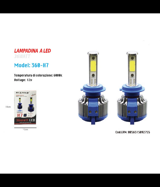Coppia Lampade Fari Ricambio Auto H7 Maxtech 360-h7 Led 3800 Lumen 6000k 12v 36w         