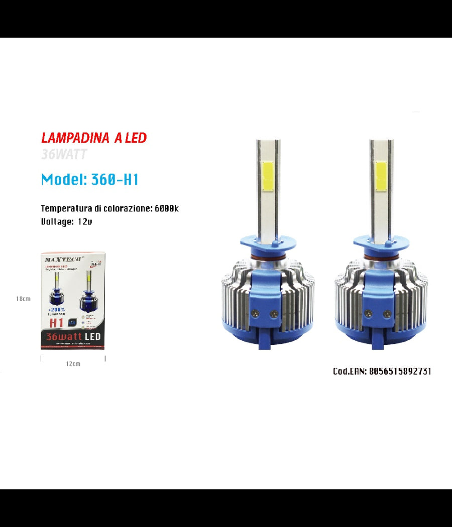Coppia Lampade Led Auto Fari H1 Moto Kit Lampadine 36w 6000k Faro Maxtech 360-h1         