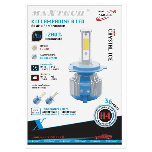 Coppia Lampade Led Ricambio Auto H4 Led 8000 Lumen 6000k 12v 36w Maxtech 360-h4         