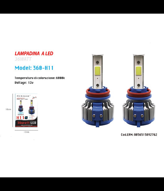 Coppia Lampadine Led Auto Faro Macchina H11 Luce Bianca 6000k 360° Maxtech 360-h11         