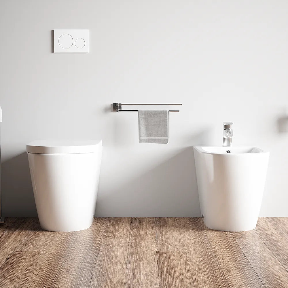 Sanitari filo muro in ceramica senza brida vaso traslato + bidet + sedile soft-close  | Roma