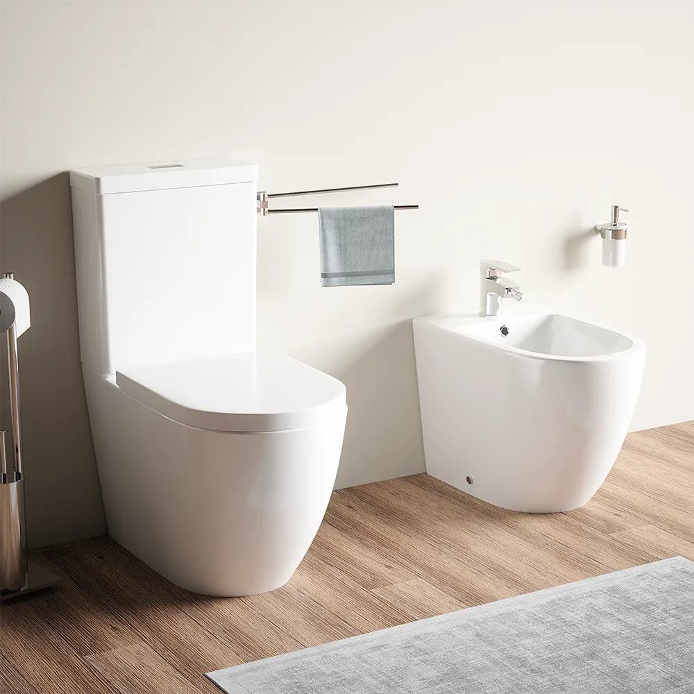 Coppia sanitari filomuro vaso tornado silent flush, sedile soft-close e bidet | Roma
