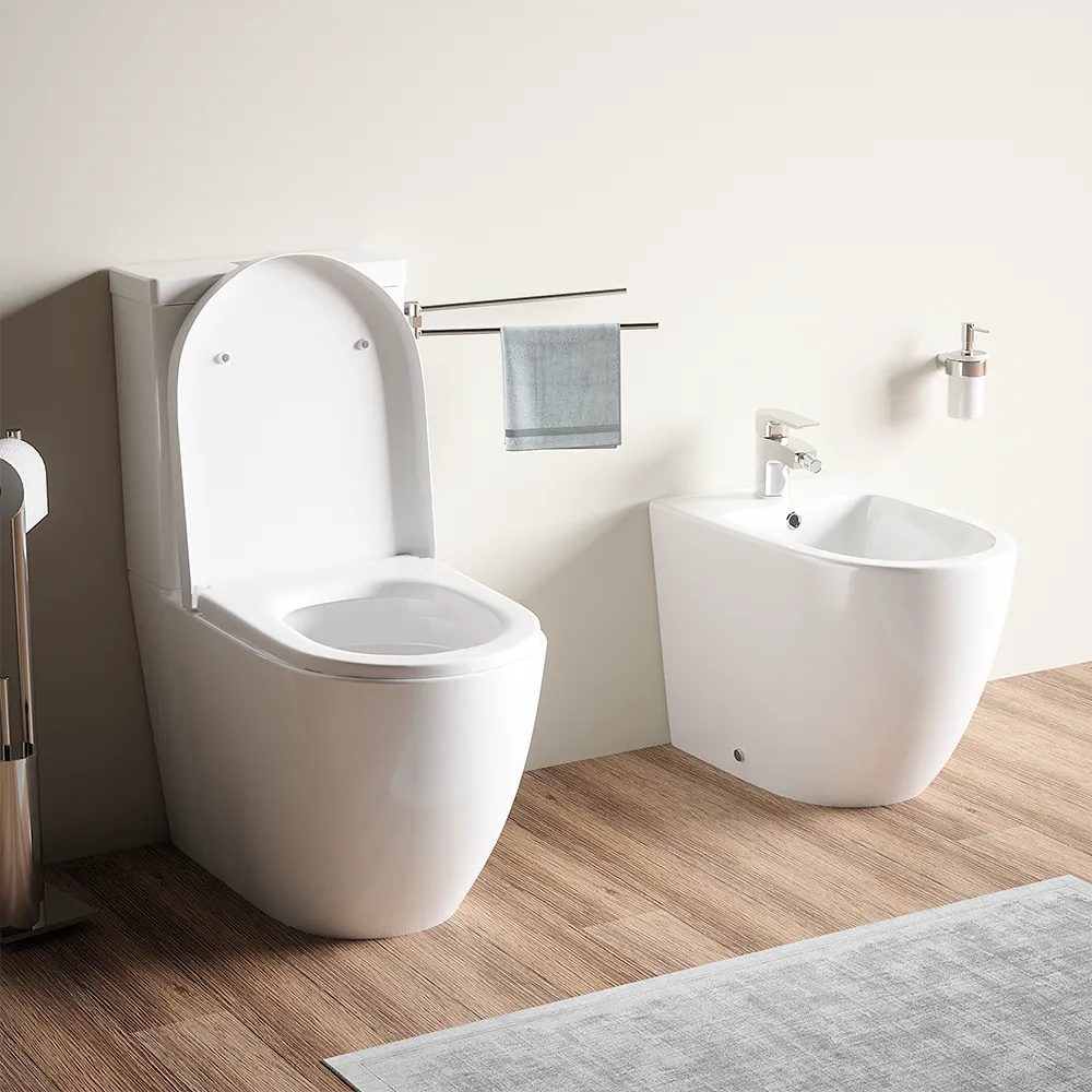 Coppia sanitari filomuro vaso tornado silent flush, sedile soft-close e bidet | Roma