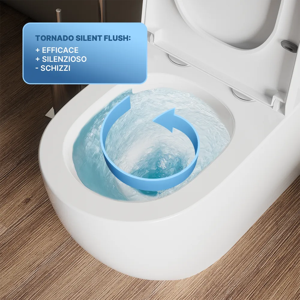 Coppia sanitari filomuro vaso tornado silent flush, sedile soft-close e bidet | Roma