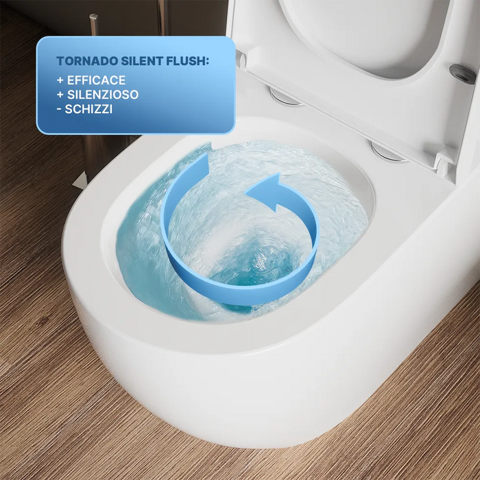 Coppia sanitari filomuro vaso tornado silent flush, sedile soft-close e bidet | Roma