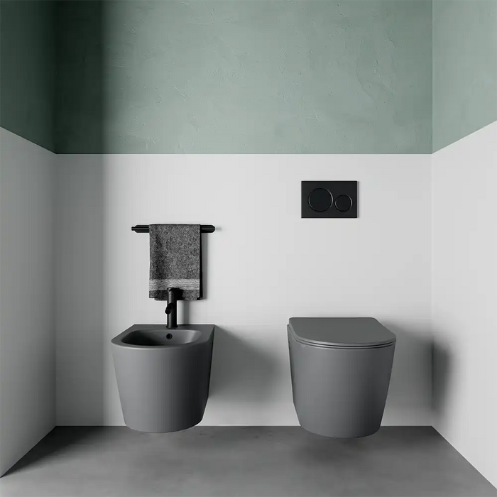 Sanitari sospesi in ceramica rimless grigio opaco: vaso, bidet e copriwc soft-close | Vienna