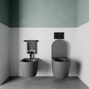 Sanitari sospesi in ceramica rimless grigio opaco: vaso, bidet e copriwc soft-close | Vienna