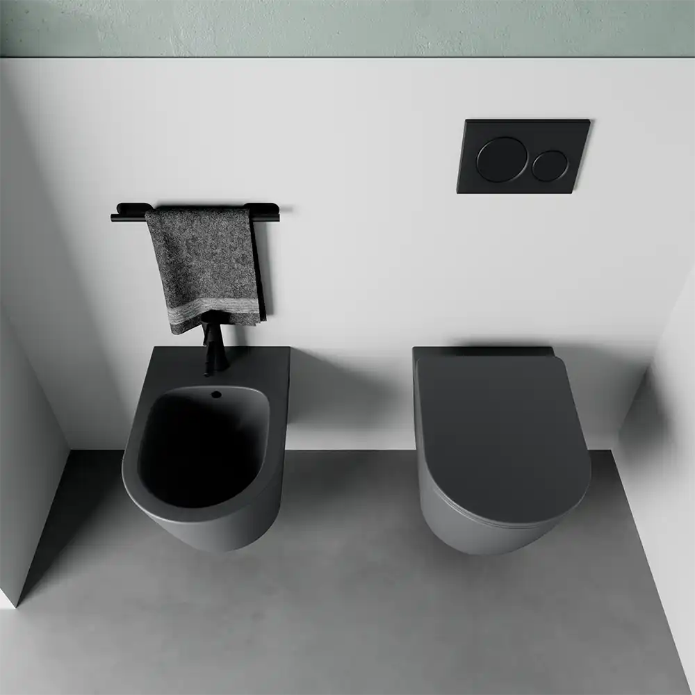 Sanitari sospesi in ceramica rimless grigio opaco: vaso, bidet e copriwc soft-close | Vienna
