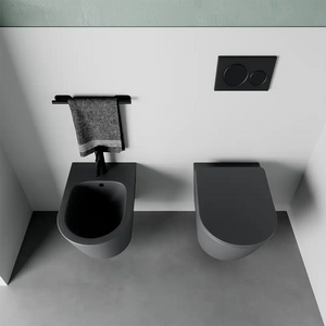Sanitari sospesi in ceramica rimless grigio opaco: vaso, bidet e copriwc soft-close | Vienna