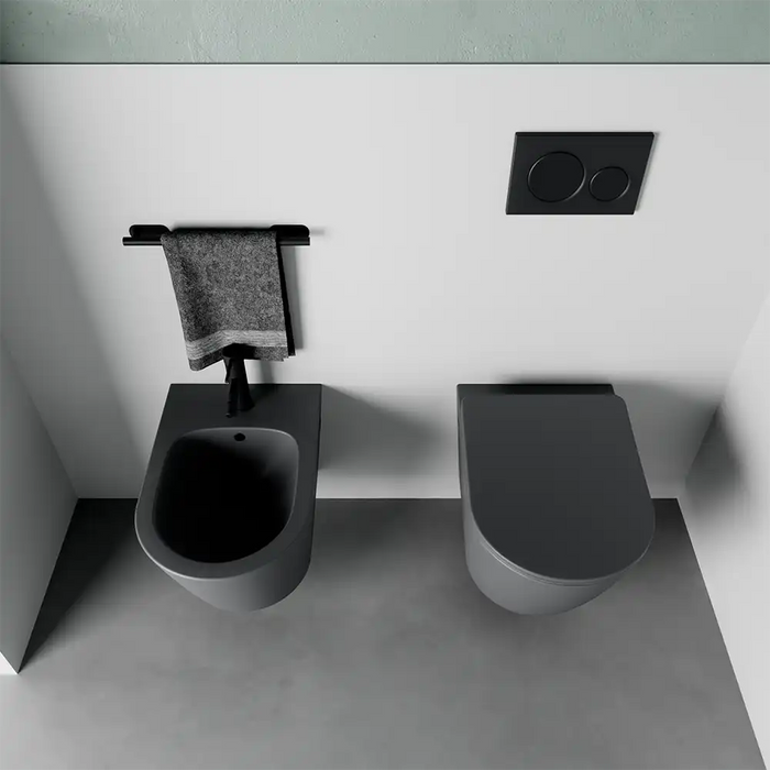Sanitari sospesi in ceramica rimless grigio opaco: vaso, bidet e copriwc soft-close | Vienna