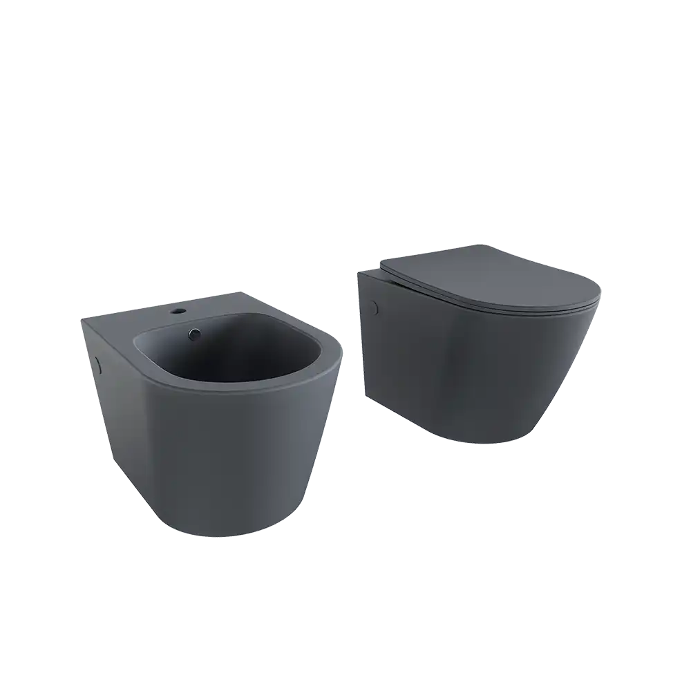 Sanitari sospesi in ceramica rimless grigio opaco: vaso, bidet e copriwc soft-close | Vienna
