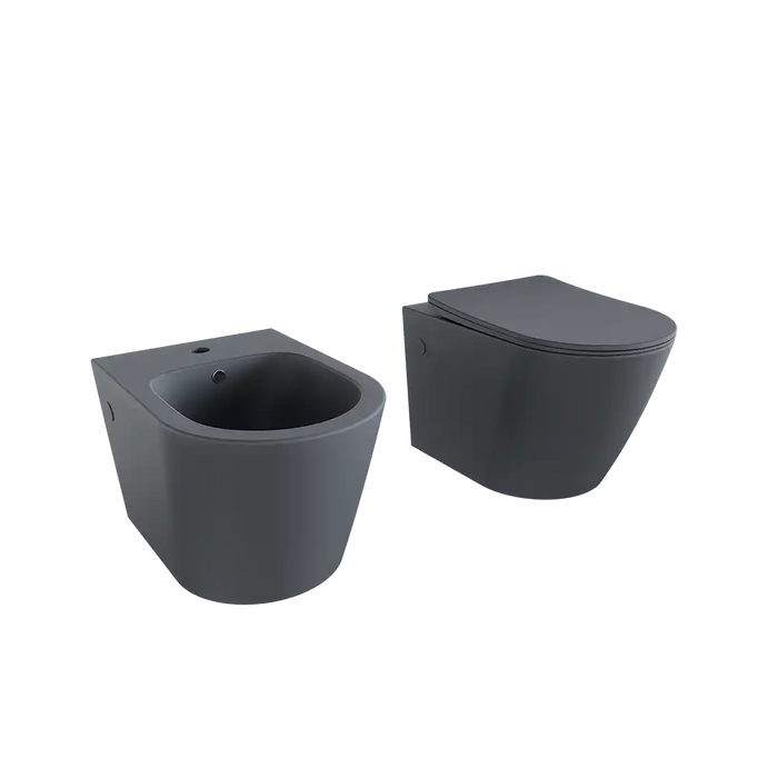 Sanitari sospesi in ceramica rimless grigio opaco: vaso, bidet e copriwc soft-close | Vienna