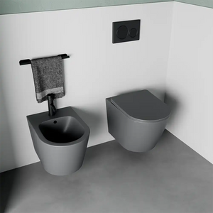 Sanitari sospesi in ceramica rimless grigio opaco: vaso, bidet e copriwc soft-close | Vienna