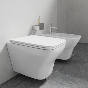 Coppia di sanitari sospesi rimless in ceramica bianca: vaso bidet e copriwc soft-close | Havana