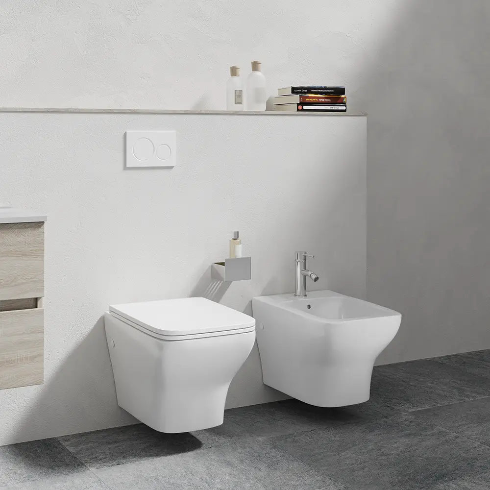 Coppia di sanitari sospesi rimless in ceramica bianca: vaso bidet e copriwc soft-close | Havana