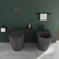 Coppia di sanitari filomuro ceramica grigio opaco vaso rimless copriwc soft-close e bidet | Europa Small