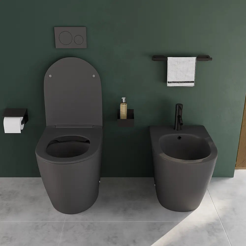 Coppia di sanitari filomuro ceramica grigio opaco vaso rimless copriwc soft-close e bidet | Europa Small