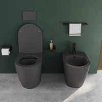 Coppia di sanitari filomuro ceramica grigio opaco vaso rimless copriwc soft-close e bidet | Europa Small