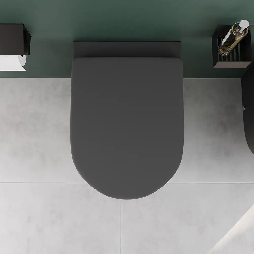 Coppia di sanitari filomuro ceramica grigio opaco vaso rimless copriwc soft-close e bidet | Europa Small