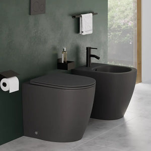 Coppia di sanitari filomuro ceramica grigio opaco vaso rimless copriwc soft-close e bidet | Europa Small