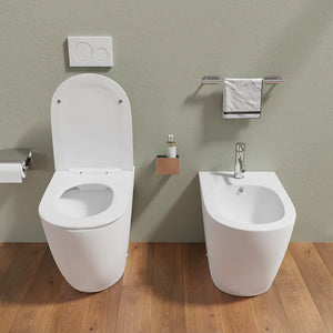 Sanitari filomuro in ceramica bianco opaco vaso rimless con copriwc soft-close e bidet | Europa