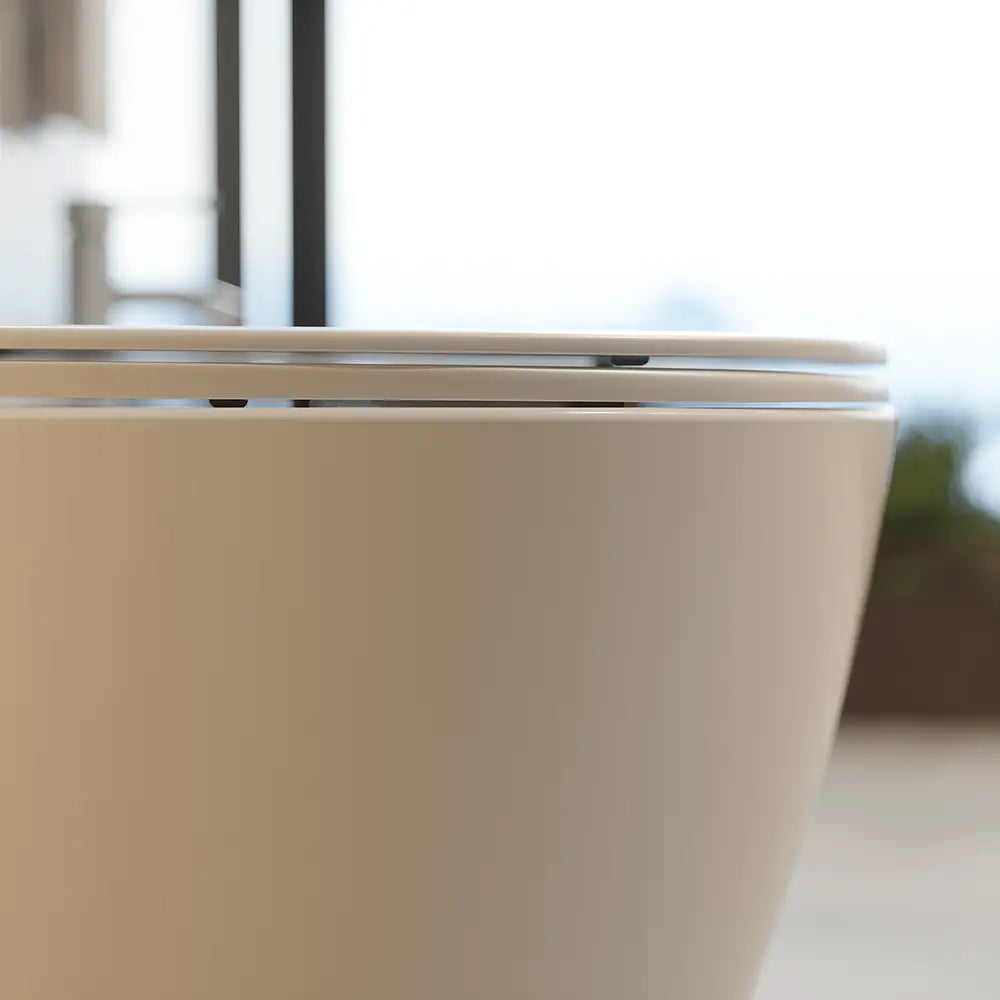Sanitari filomuro comfort in ceramica bianco lucido vaso rimless h44,5 cm con copriwc soft-close e bidet | Europa