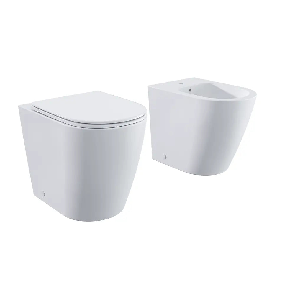 Sanitari filomuro comfort in ceramica bianco lucido vaso rimless h44,5 cm con copriwc soft-close e bidet | Europa