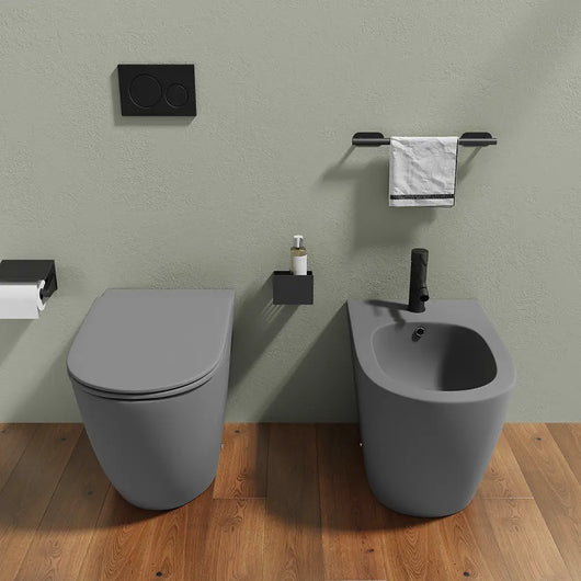 Sanitari filomuro in ceramica grigio opaco vaso rimless con copriwc soft-close e bidet | Europa