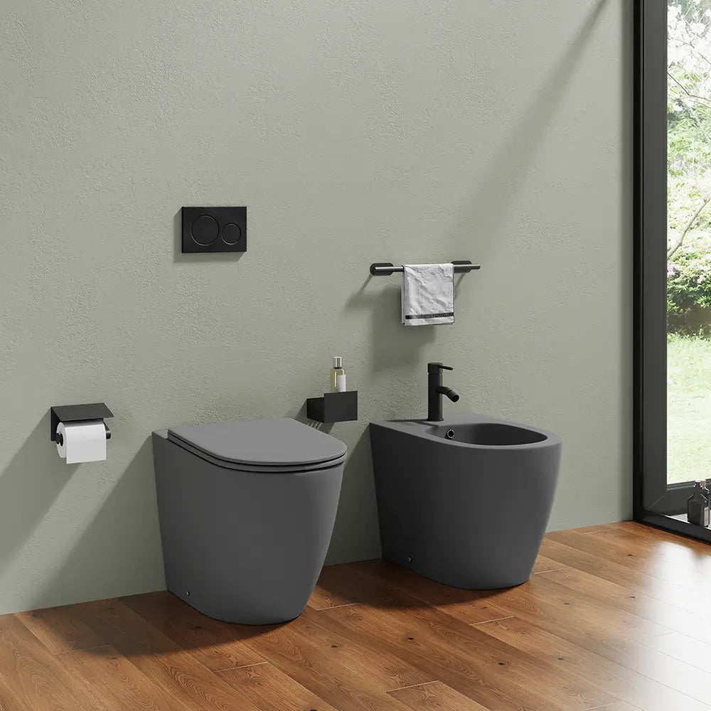 Sanitari filomuro in ceramica grigio opaco vaso rimless con copriwc soft-close e bidet | Europa