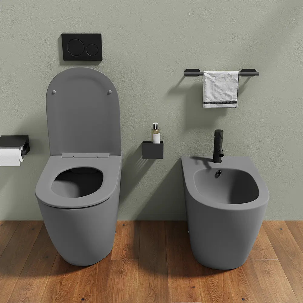 Sanitari filomuro in ceramica grigio opaco vaso rimless con copriwc soft-close e bidet | Europa