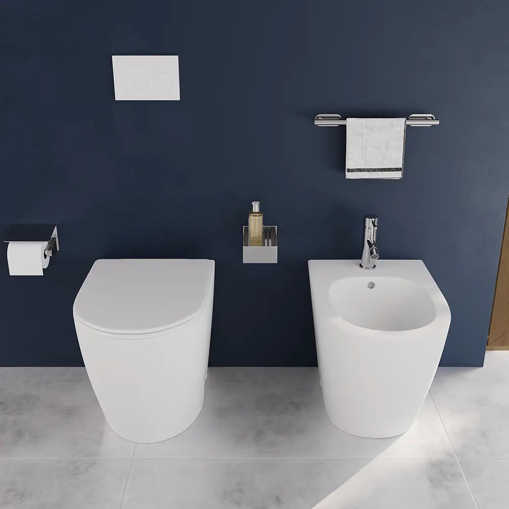 Coppia di sanitari filomuro ceramica bianco opaco vaso rimless copriwc soft-close e bidet | Europa Small
