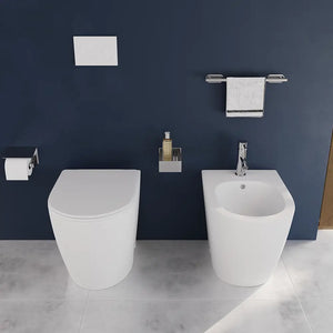 Coppia di sanitari filomuro ceramica bianco opaco vaso rimless copriwc soft-close e bidet | Europa Small