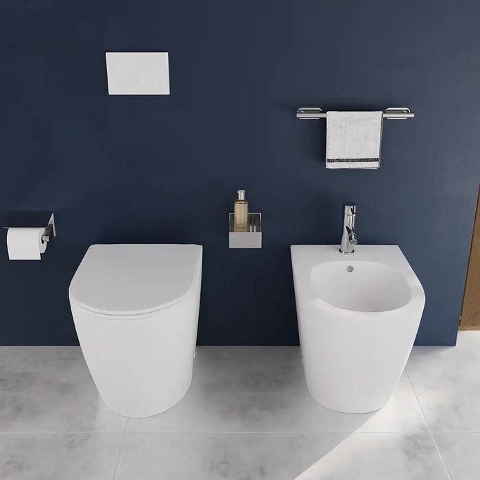 Coppia di sanitari filomuro ceramica bianco opaco vaso rimless copriwc soft-close e bidet | Europa Small