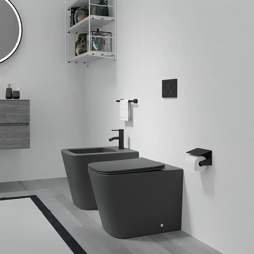 Sanitari filomuro in ceramica rimless grigio opaco vaso bidet e copriwc soft-close | Londra
