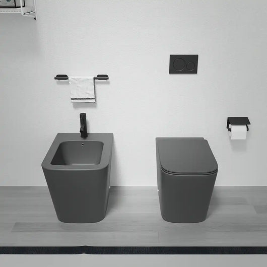 Sanitari filomuro in ceramica rimless grigio opaco vaso bidet e copriwc soft-close | Londra
