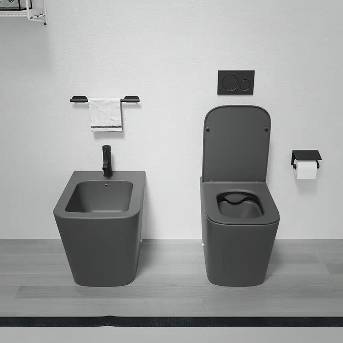 Sanitari filomuro in ceramica rimless grigio opaco vaso bidet e copriwc soft-close | Londra